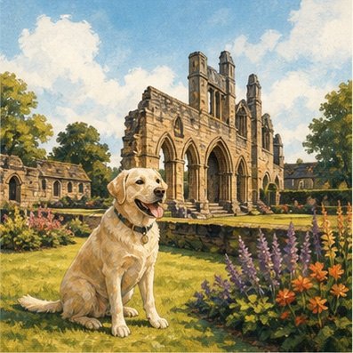 Illustrated dog in the grounds of a historic attraction