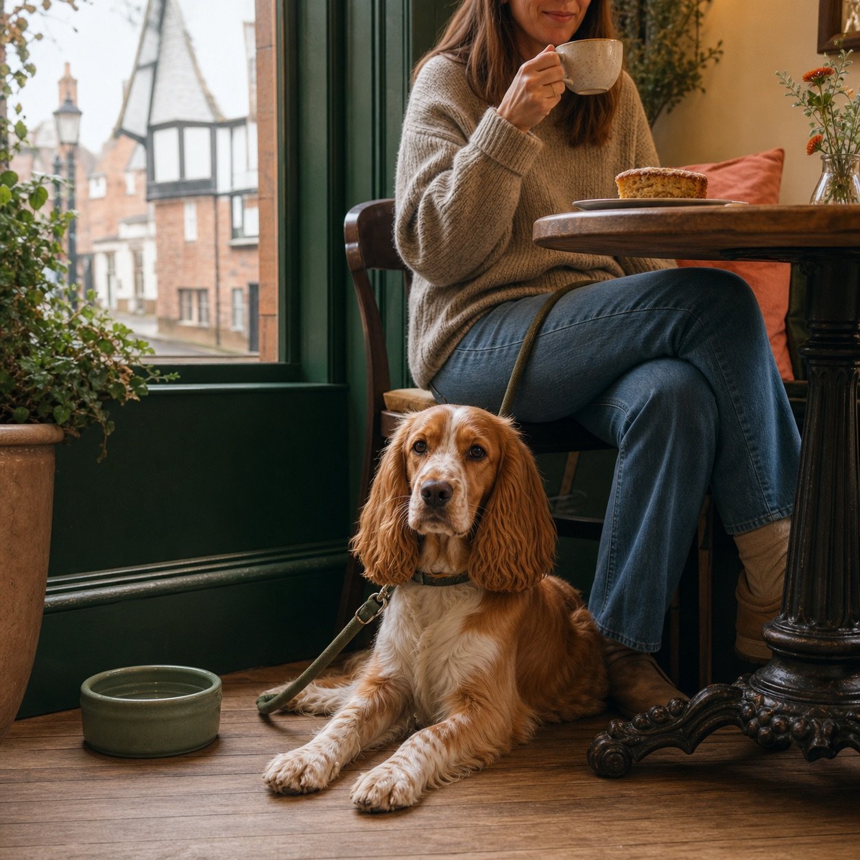 Illustrated dog outside a welcoming café