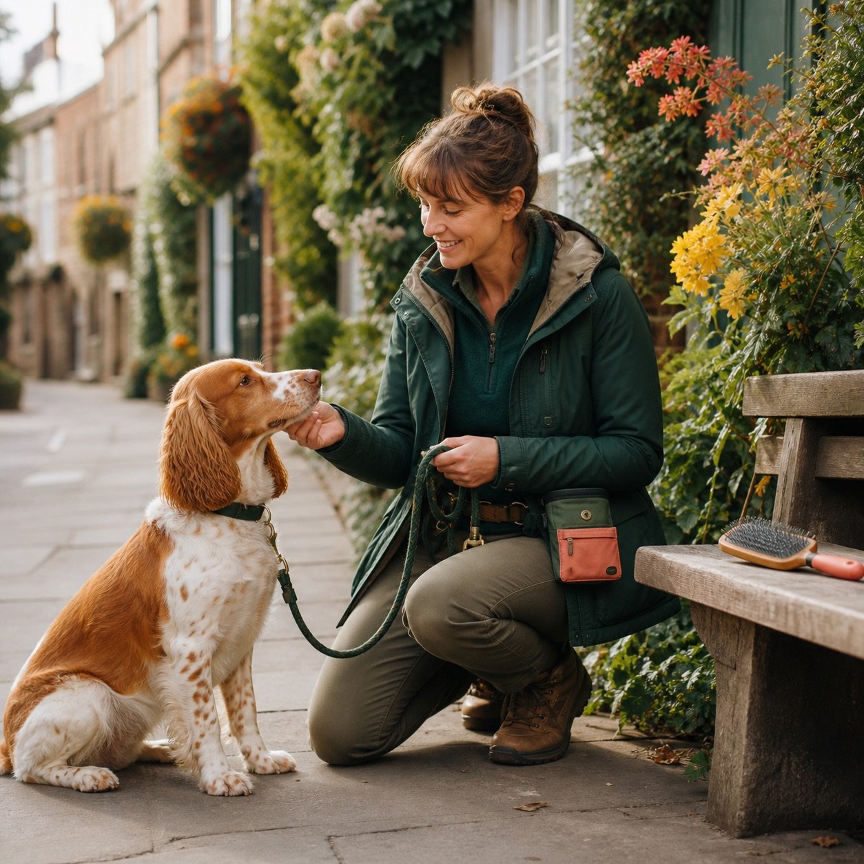 Dog owner with a spaniel beside a bench and grooming brush