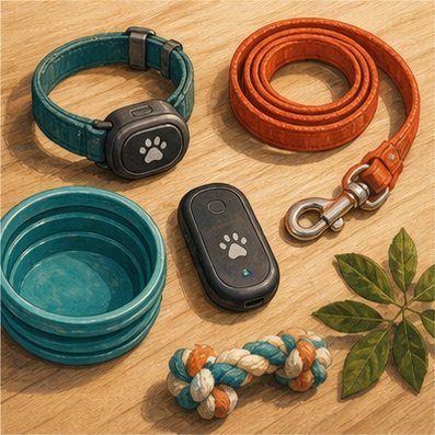 Illustrated dog walking kit including a lead, water bowl and safety light