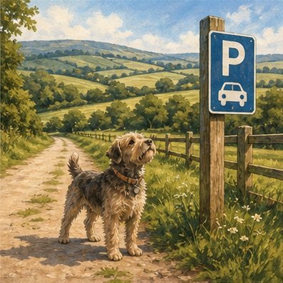 Illustrated dog beside a countryside path in rolling hills