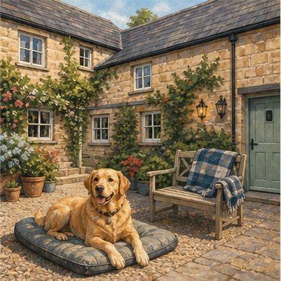 Illustrated dog outside a welcoming holiday cottage