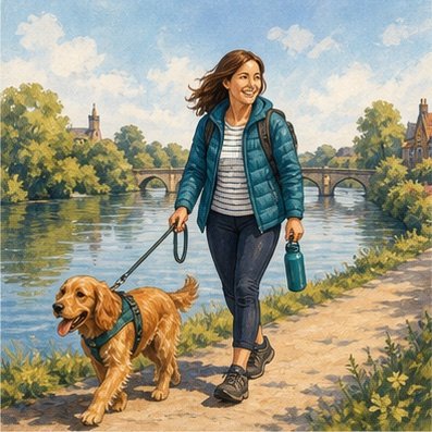 Illustrated dog walker beside a river path
